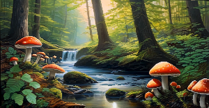 A peaceful forest with colorful mushrooms, sunlight shining through the leaves, and a flowing stream.