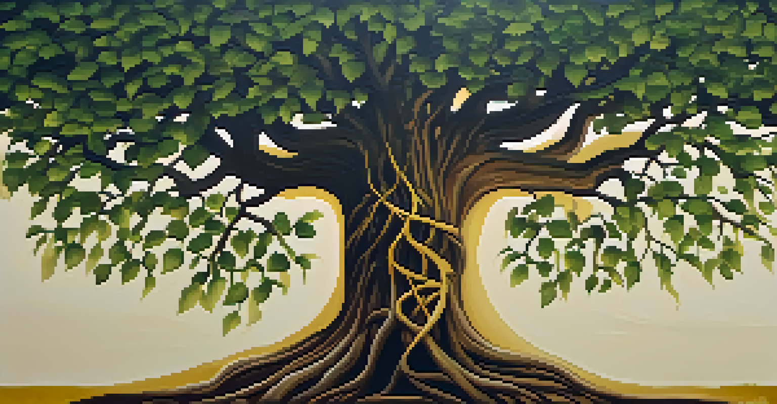 An abstract tree intertwined with a human silhouette, representing personal growth and transformation.