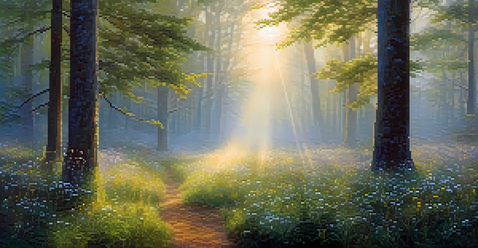A peaceful forest at dawn with golden light, wildflowers, and mist.