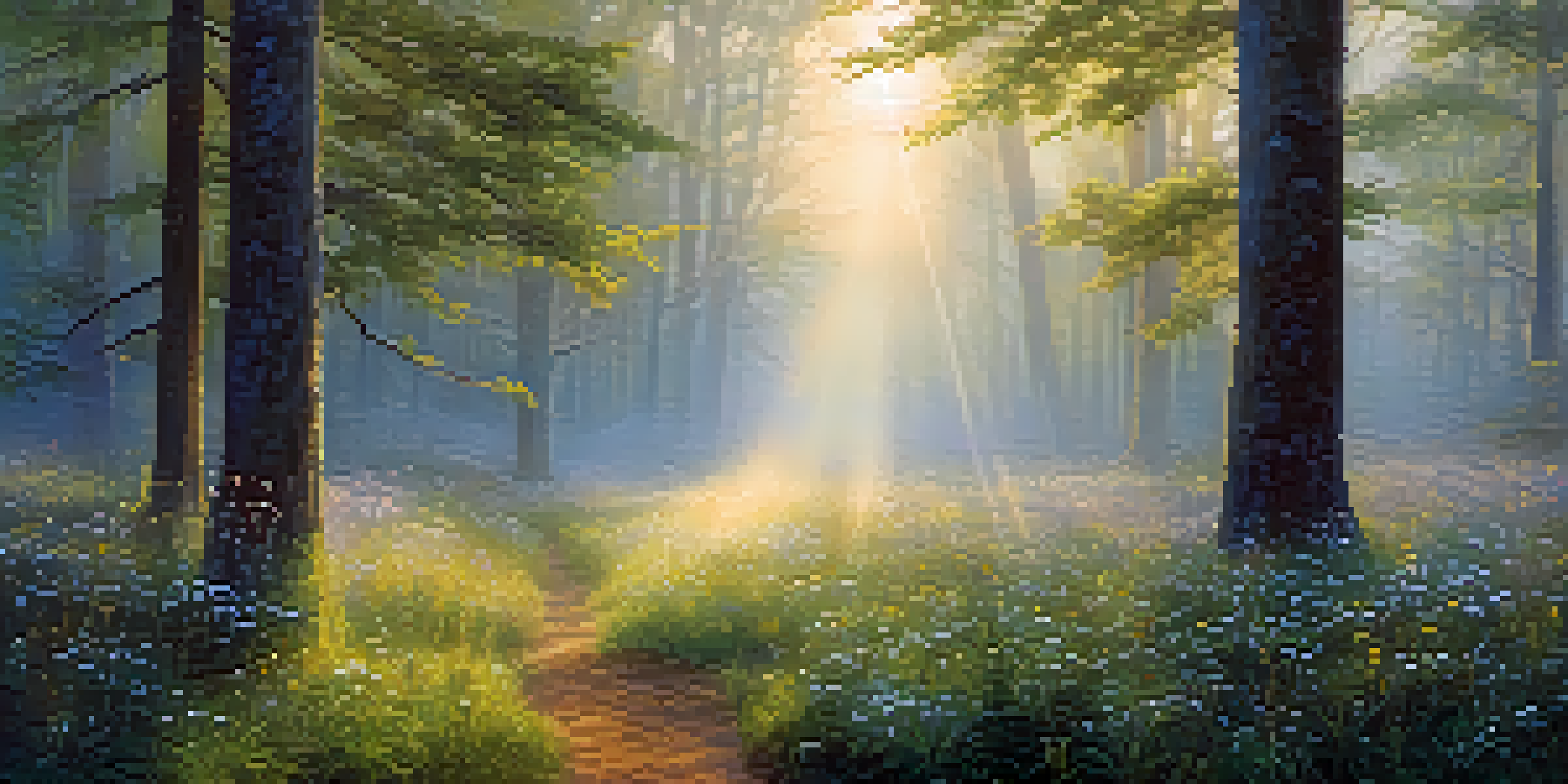 A peaceful forest at dawn with golden light, wildflowers, and mist.