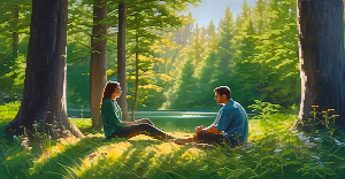 A couple sitting on a blanket in a forest, engaged in deep conversation with sunlight filtering through the trees.