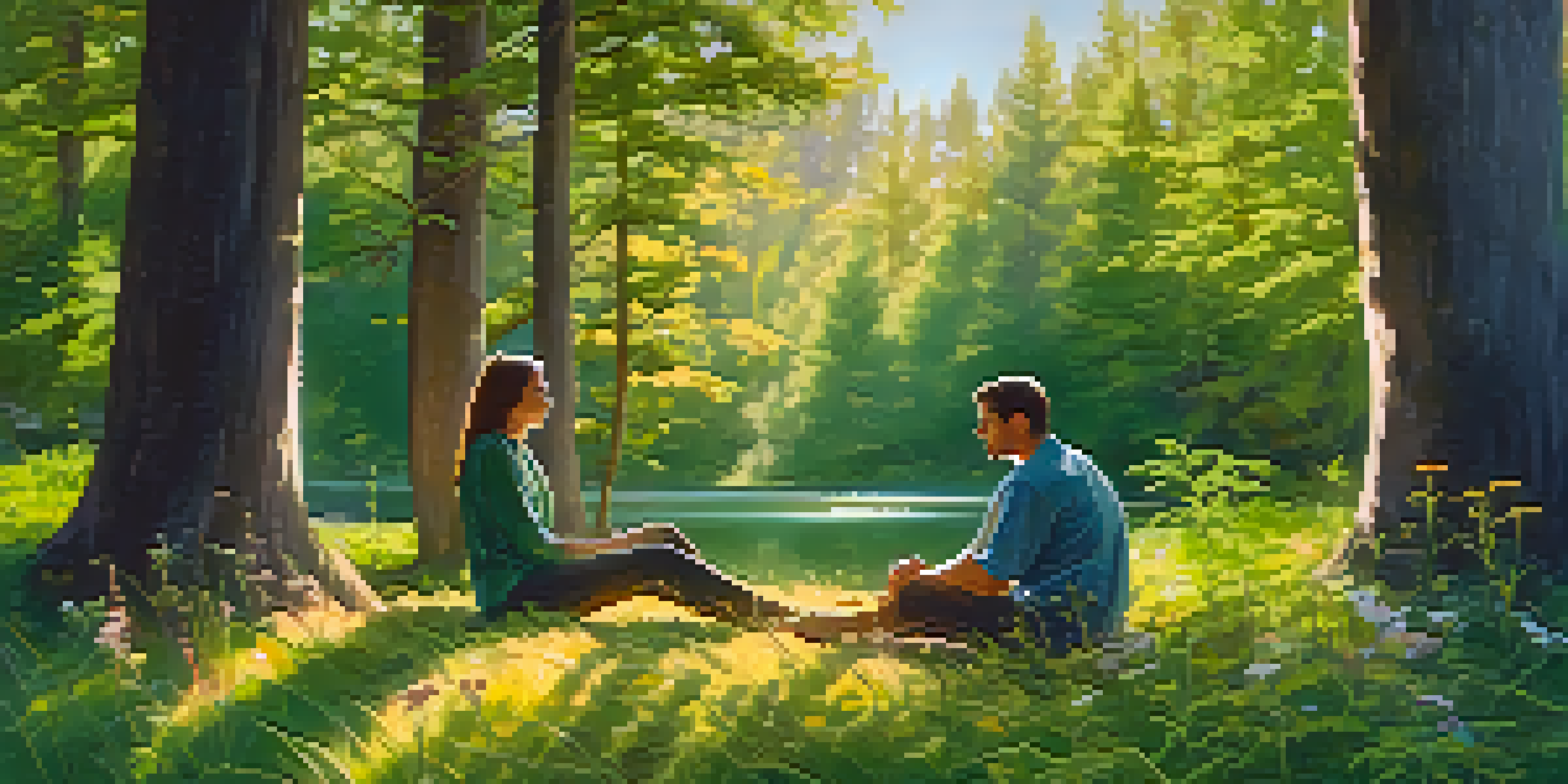 A couple sitting on a blanket in a forest, engaged in deep conversation with sunlight filtering through the trees.