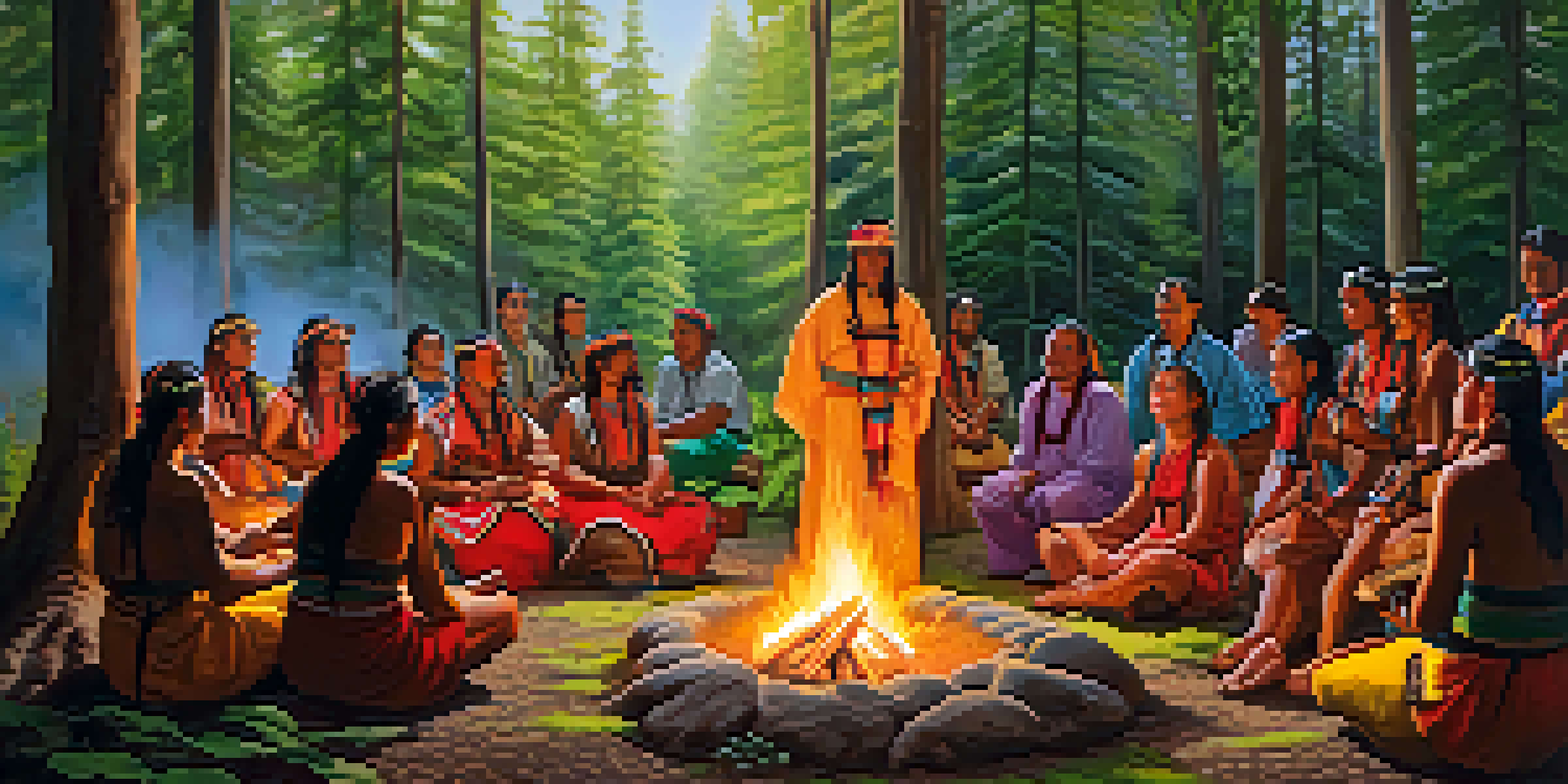 An indigenous ceremony in a lush forest with participants in colorful attire gathered around a fire, illuminated by soft sunlight.