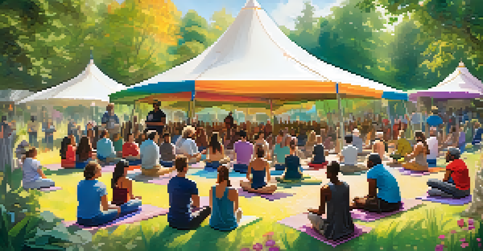 A lively outdoor wellness retreat with people meditating together under a colorful tent in a natural setting.