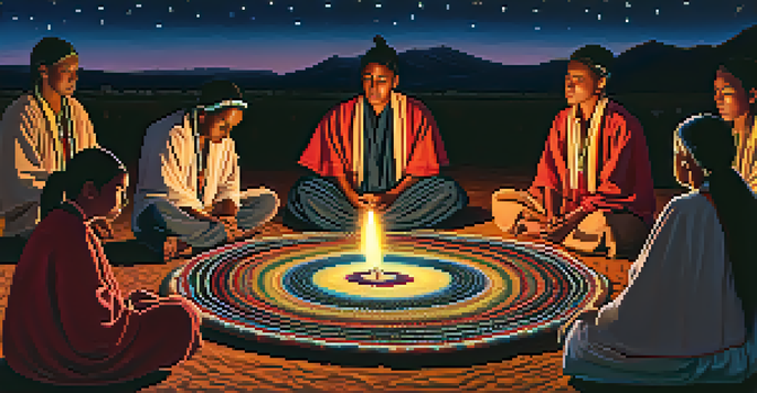 A nighttime Peyote ceremony with participants gathered in a circle, illuminated by candlelight, showcasing traditional clothing and a starry sky.