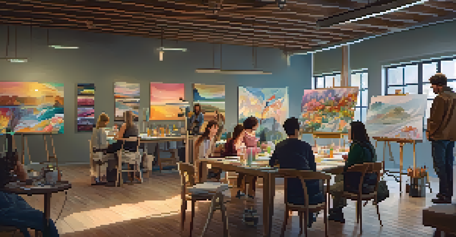 A group of artists in a cozy workshop setting, surrounded by art supplies and artworks, engaging in creative discussions.
