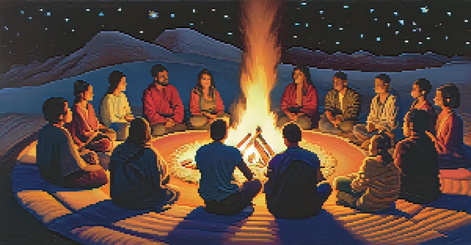 A gathering of diverse individuals sharing stories around a fire under a starry night sky, creating a sense of community and connection.