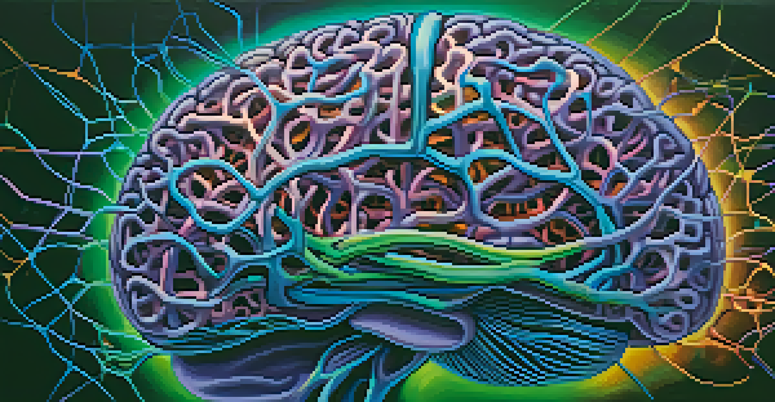An abstract illustration of a brain with colorful glowing neural pathways on a dark background.
