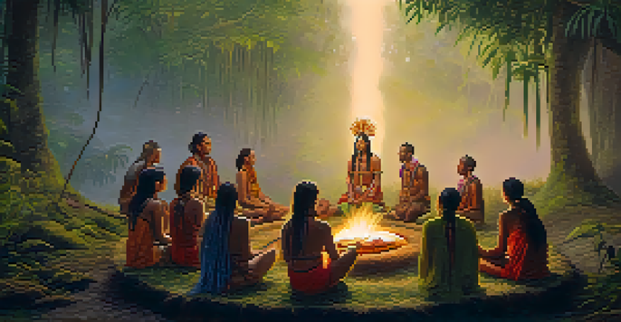 A tranquil Amazon rainforest during an Ayahuasca ceremony, with participants meditating around a campfire led by a shaman.