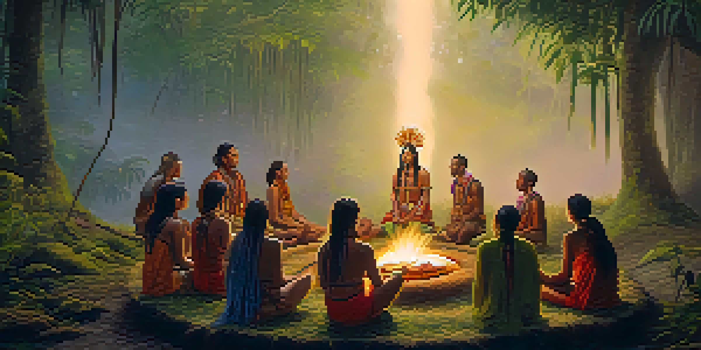 A tranquil Amazon rainforest during an Ayahuasca ceremony, with participants meditating around a campfire led by a shaman.
