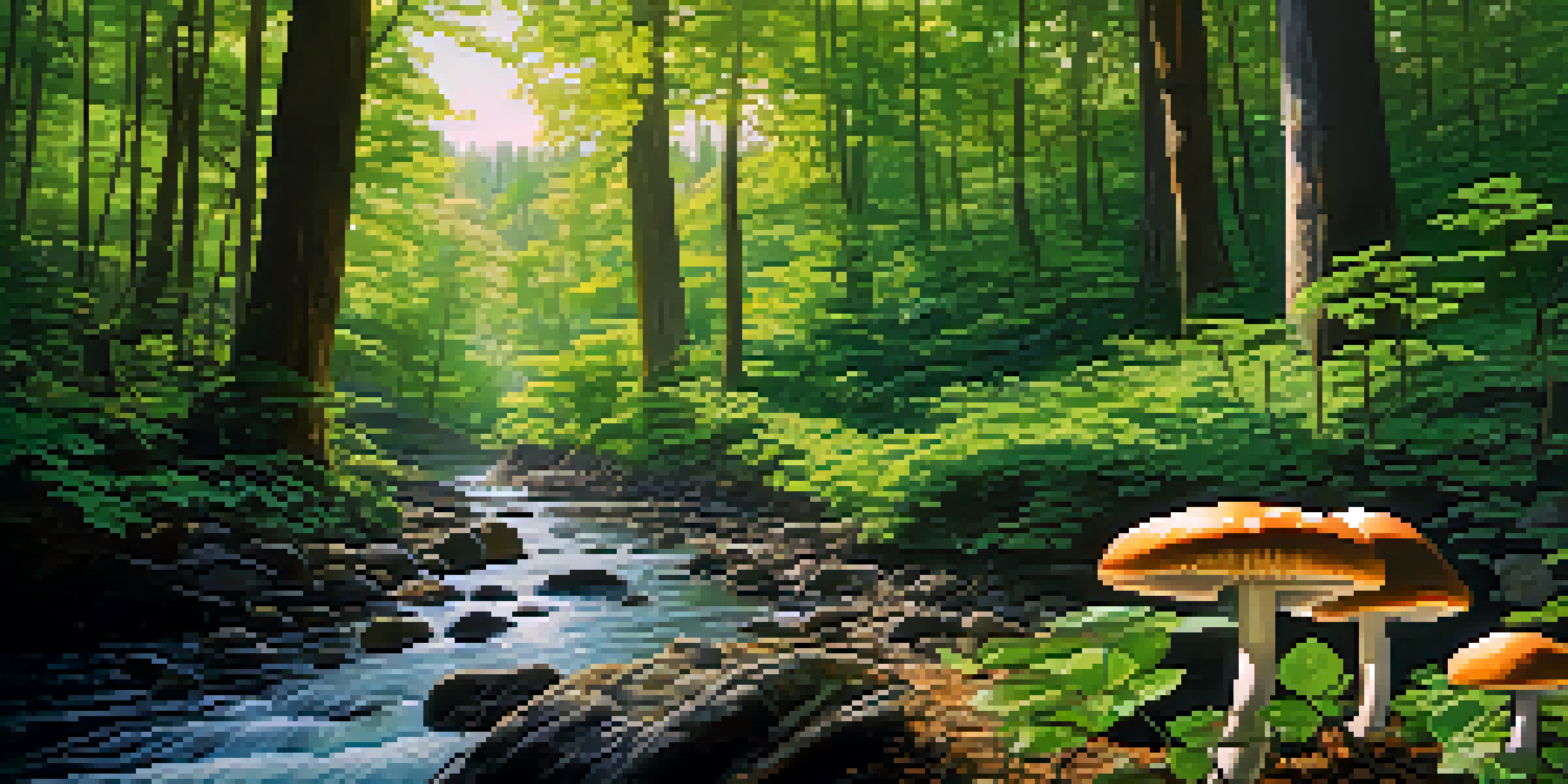 A tranquil forest with green trees and a stream, featuring mushrooms growing by the water.
