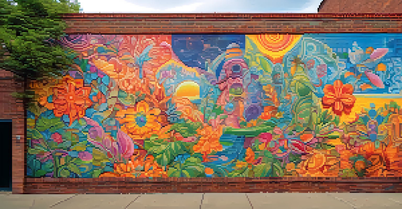 A colorful mural illustrating healing and empowerment through psychedelics, featuring abstract figures and nature.