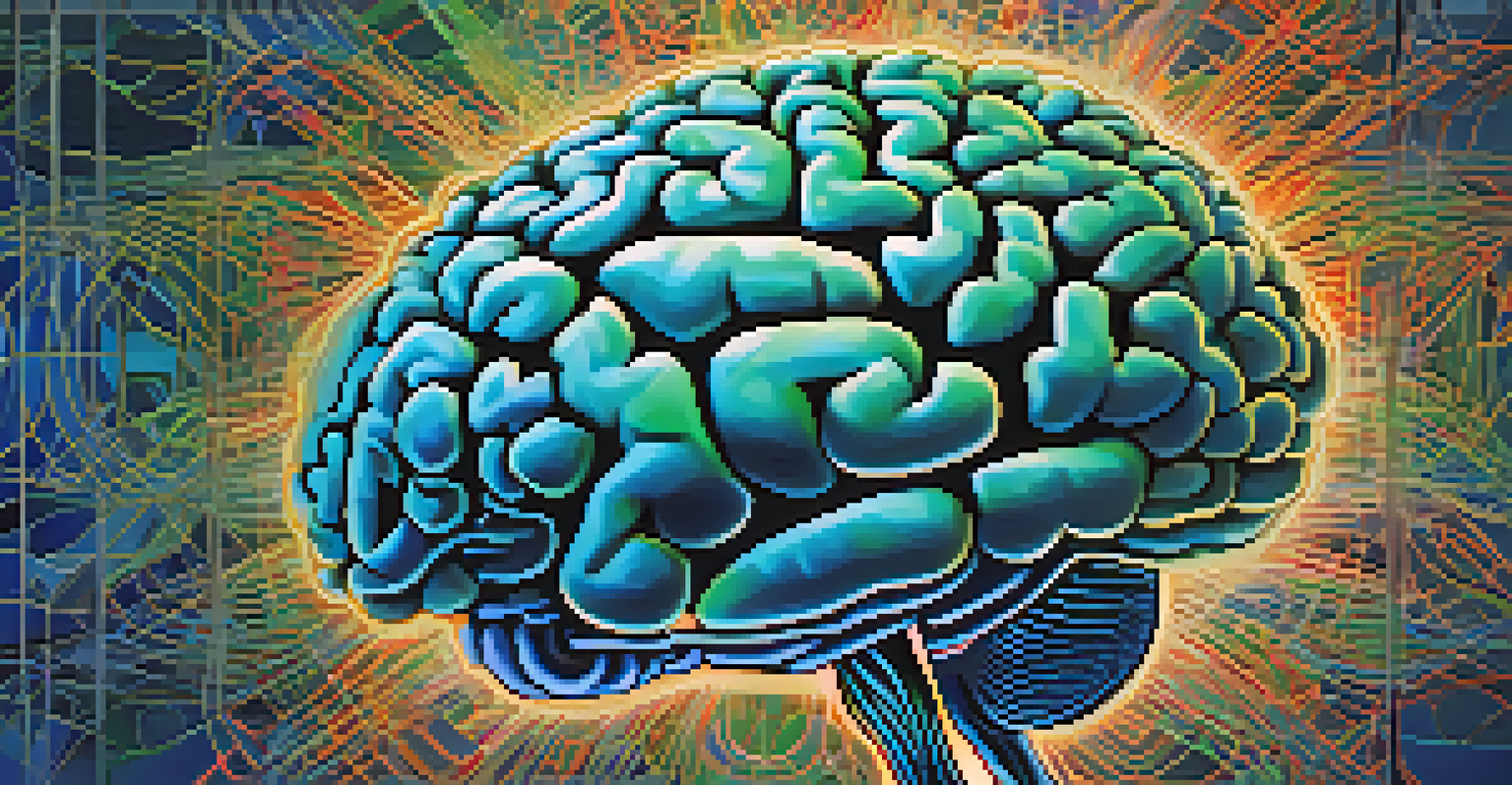 A vibrant, artistic depiction of a brain with colorful neural pathways set against a soothing blue-green background.