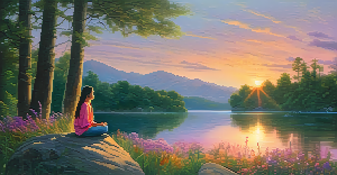 A person meditating on a rock by a lake during a colorful sunset, surrounded by greenery and flowers.