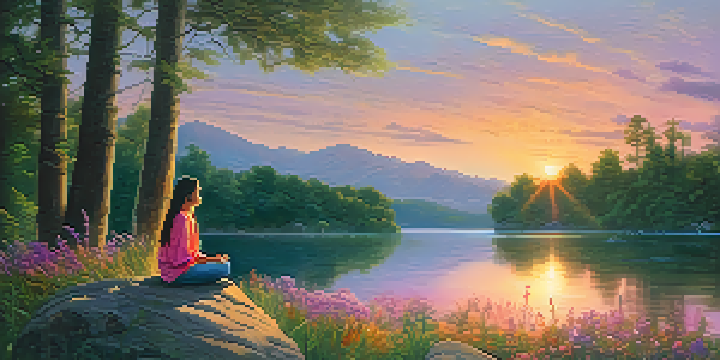 A person meditating on a rock by a lake during a colorful sunset, surrounded by greenery and flowers.