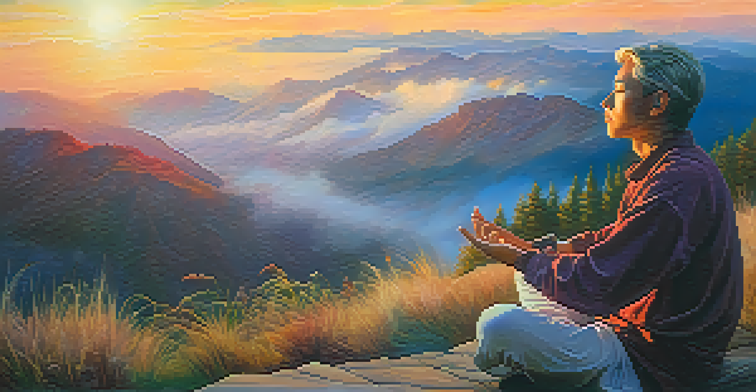 A person meditating on a mountaintop at sunset, with mist and colorful skies, representing peace and connection.
