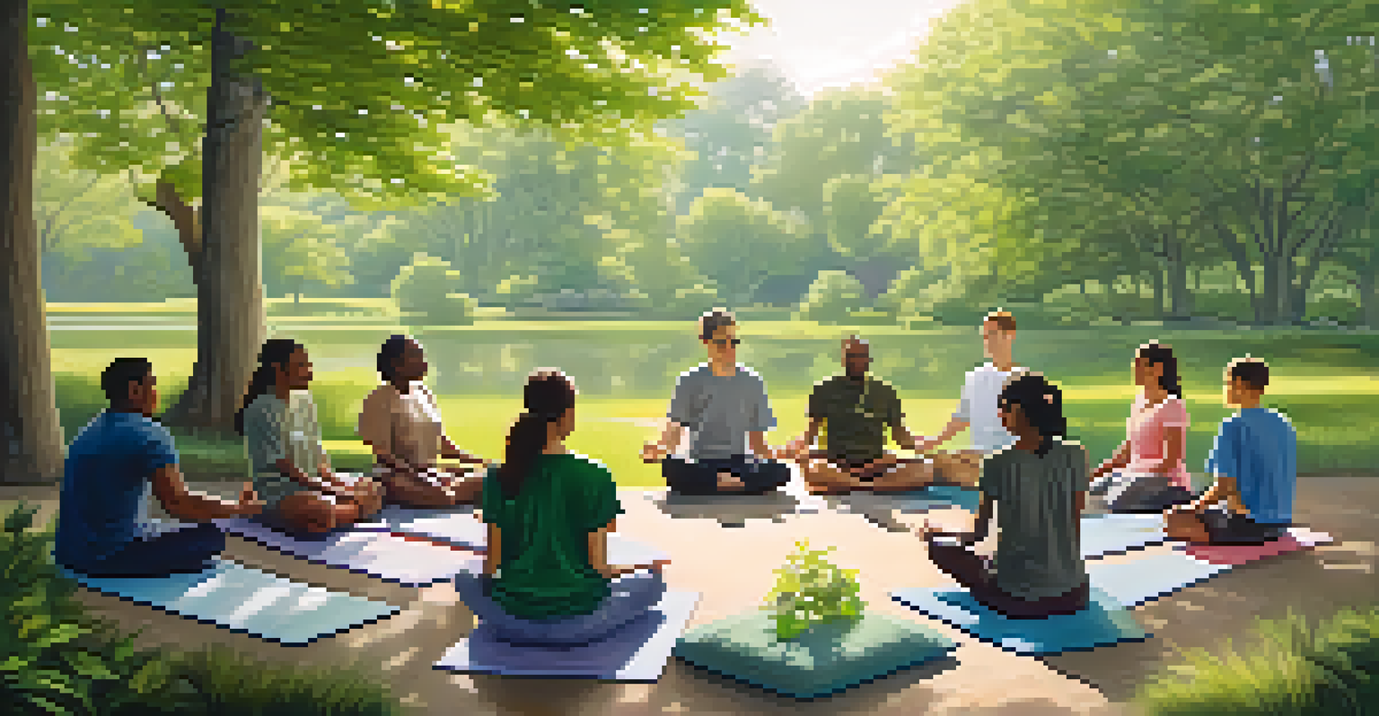 Individuals of diverse backgrounds participating in a guided meditation outdoors, surrounded by lush greenery and soft sunlight, showing tranquil expressions.