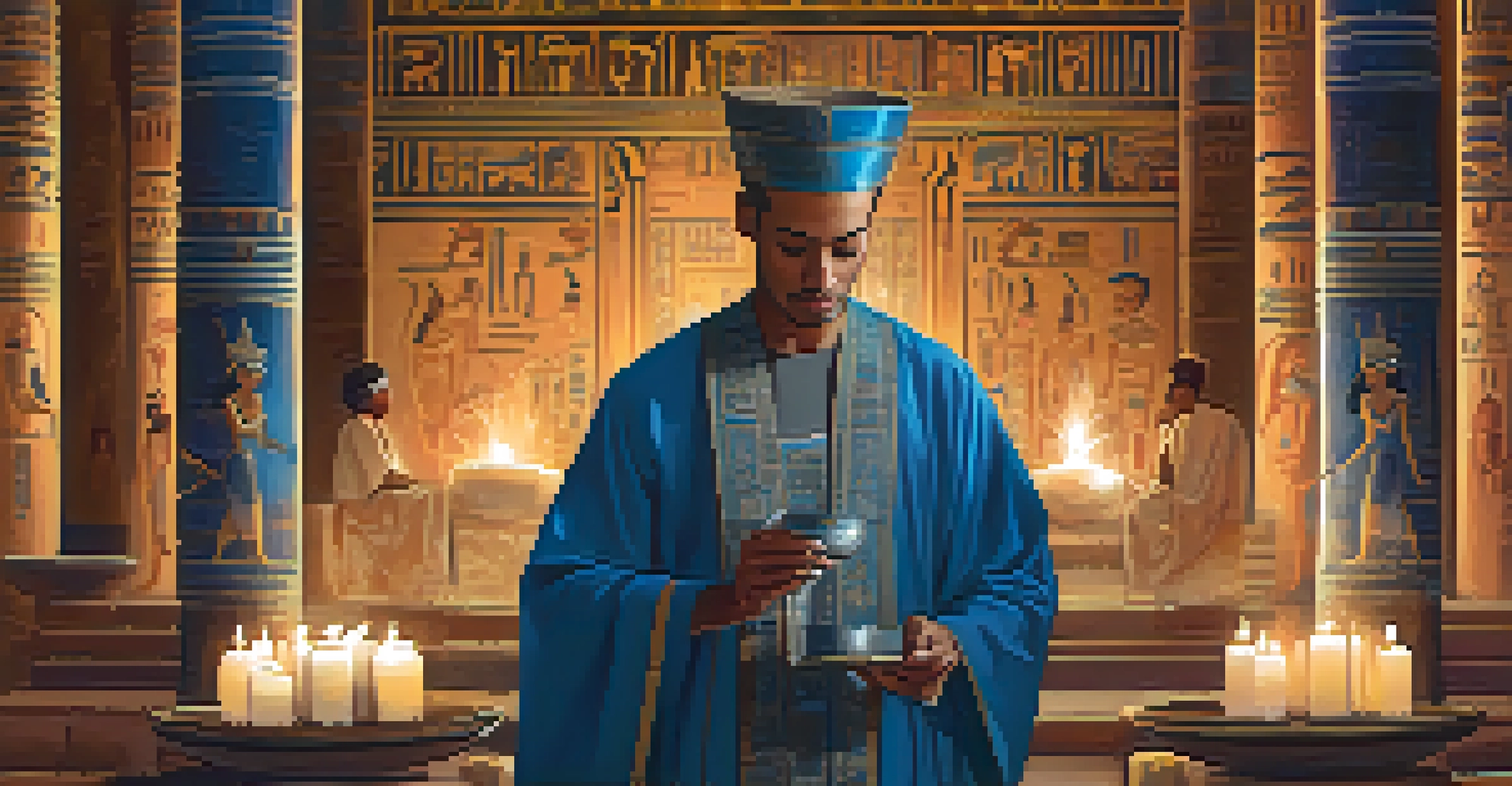 An Egyptian priest preparing a blue lotus infusion in a decorated temple, with hieroglyphics and candlelight creating a mystical ambiance.