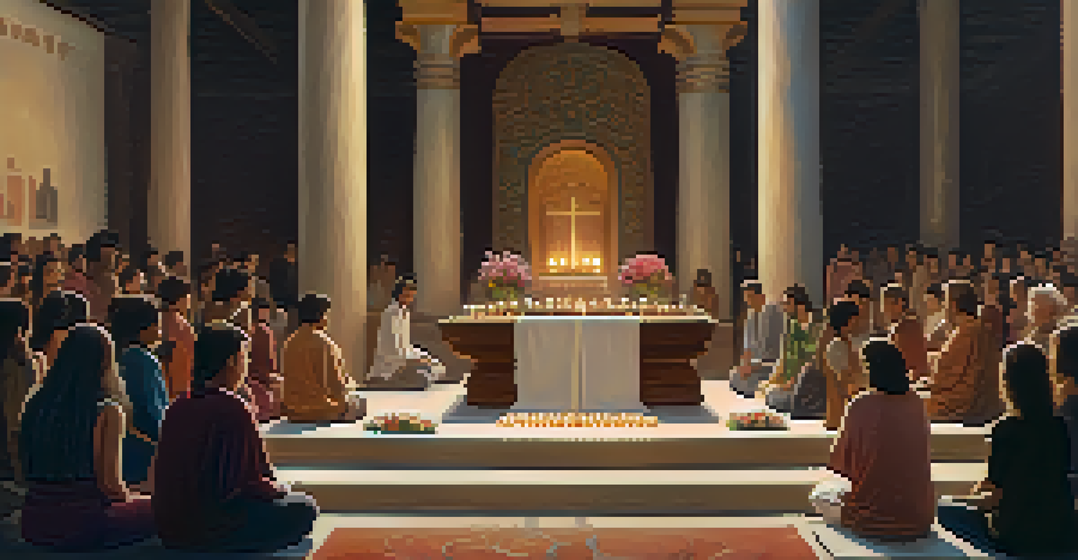 A ceremonial space with people gathered around an altar of natural elements, creating a spiritual atmosphere.