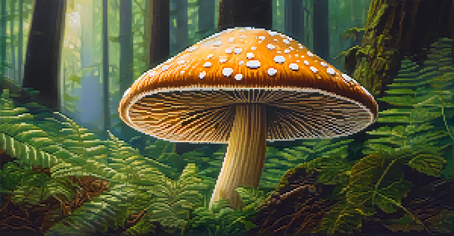 Close-up of a golden psilocybin mushroom in a green forest, with dew on leaves and soft sunlight filtering through the trees.