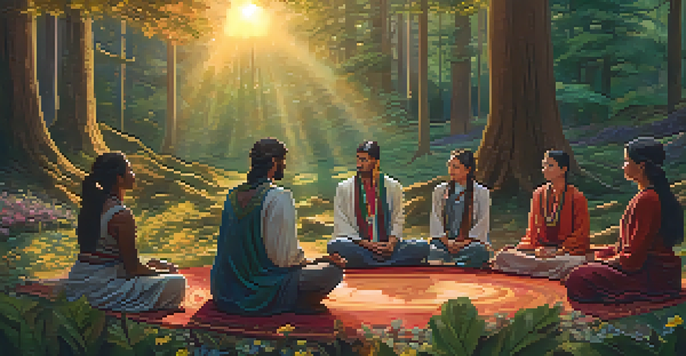 A diverse group of people sitting in a circle in a forest, engaged in a communal ceremony during twilight, surrounded by flowers and greenery.