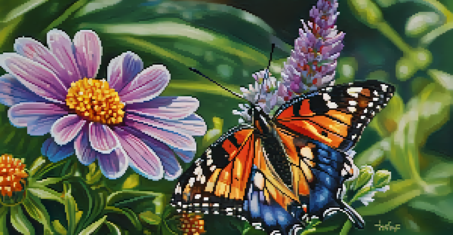 A close-up of a colorful butterfly on a blooming flower with vibrant colors.