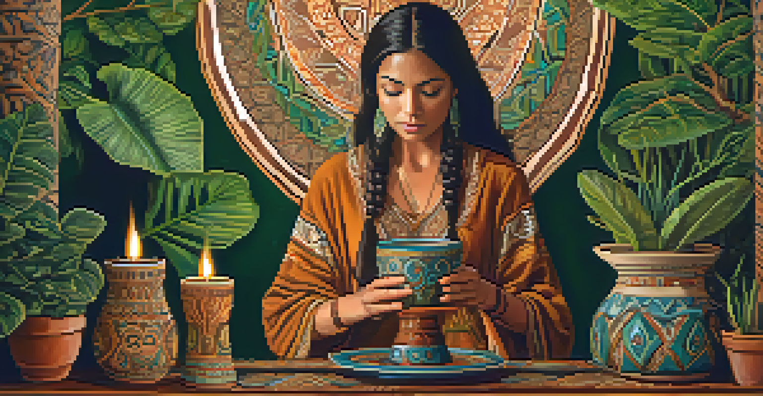A woman holding an ayahuasca brew in a ceramic cup, with a cozy room filled with plants and candles in the background, reflecting contemplation.