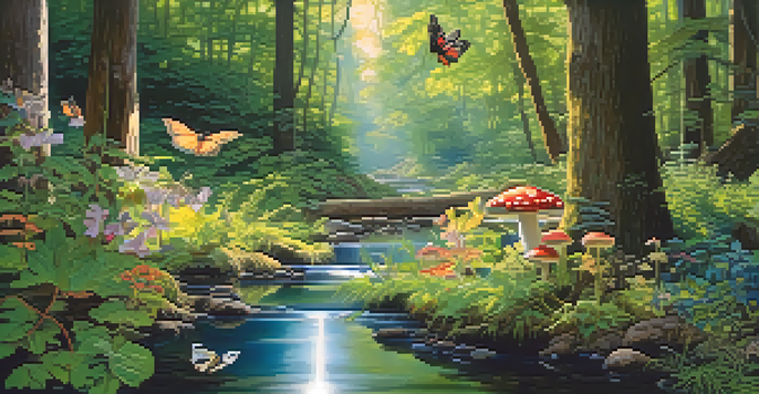 A peaceful forest scene with sunlight filtering through trees, showcasing various plants and mushrooms near a flowing stream.