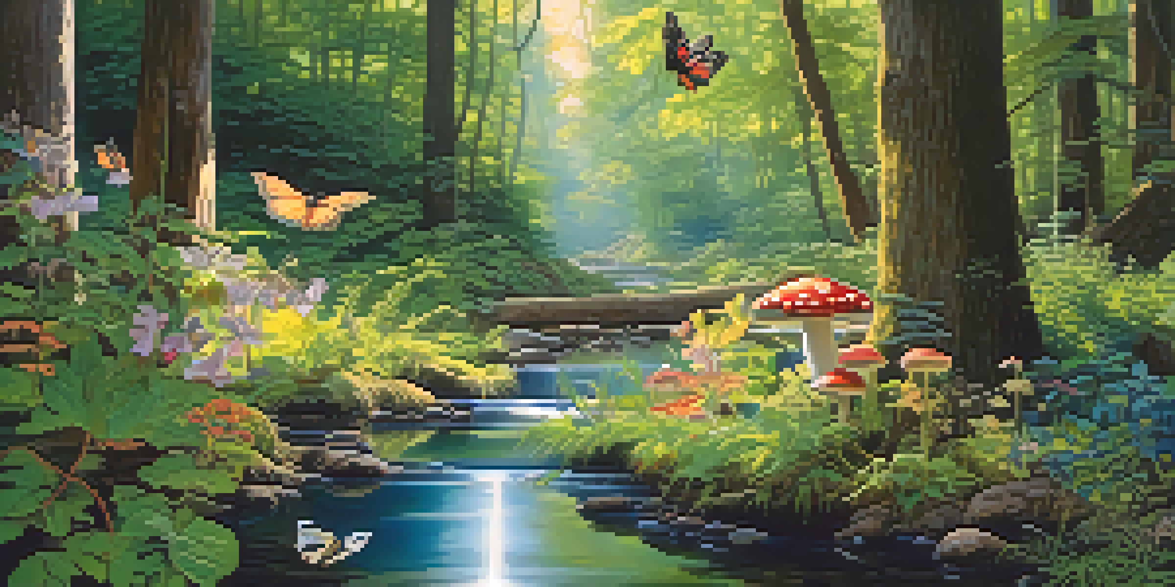 A peaceful forest scene with sunlight filtering through trees, showcasing various plants and mushrooms near a flowing stream.