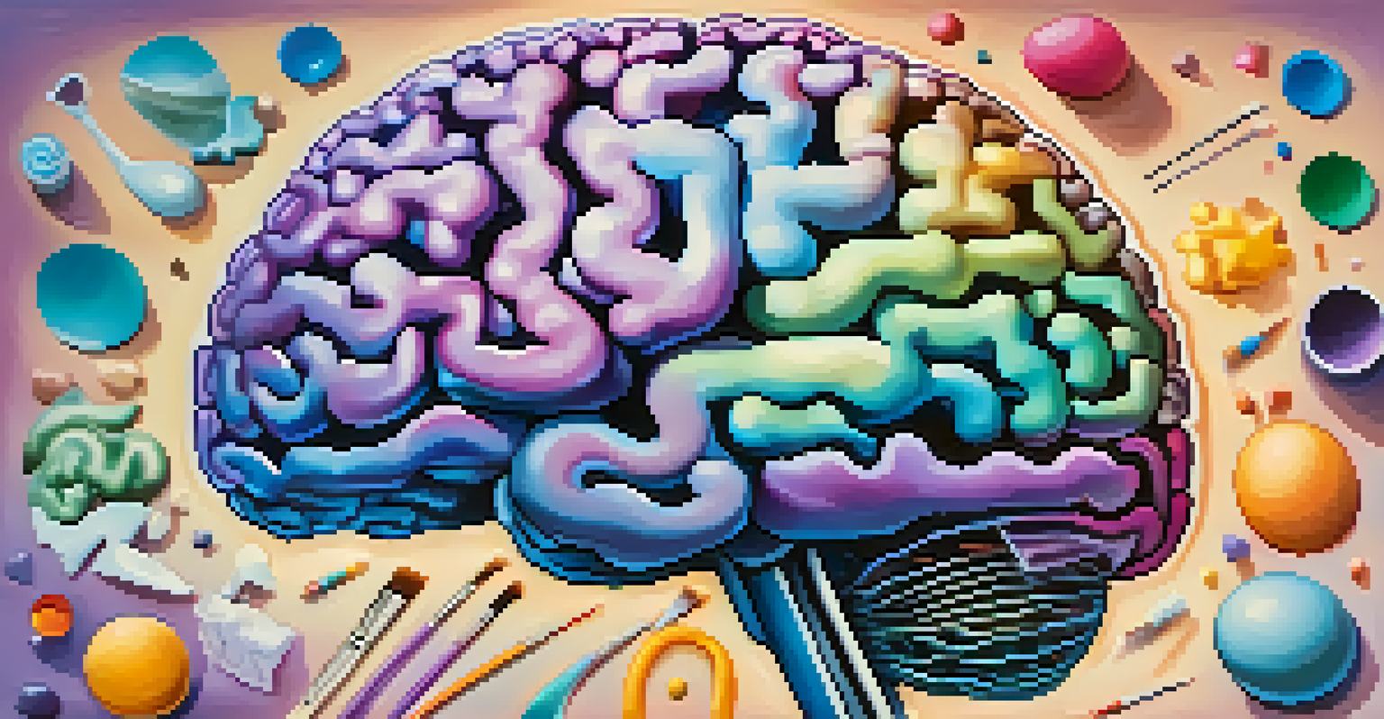 An artistic illustration of a colorful brain representing creative thinking, surrounded by paintbrushes, musical notes, and lightbulbs.