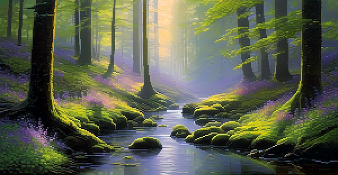 A peaceful forest with sunlight filtering through trees, a mossy ground, and a gentle stream reflecting the light.