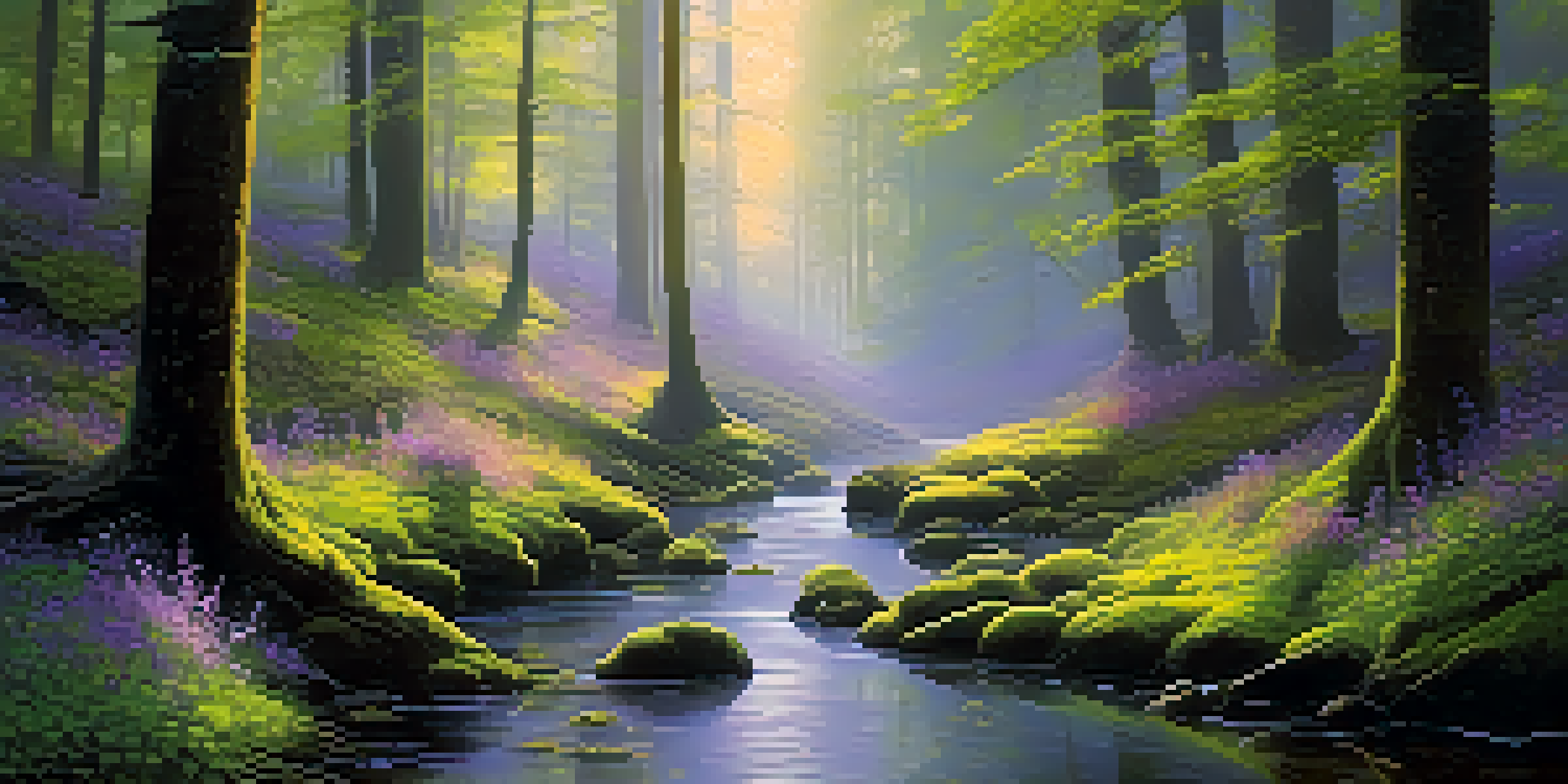 A peaceful forest with sunlight filtering through trees, a mossy ground, and a gentle stream reflecting the light.