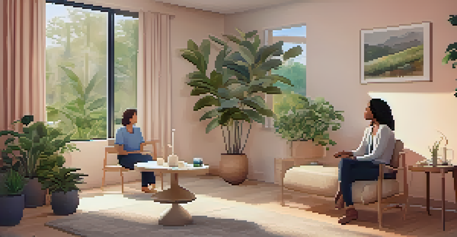 A modern therapy room with a therapist and patient in a calming atmosphere, soft lighting, and natural substances on a table.
