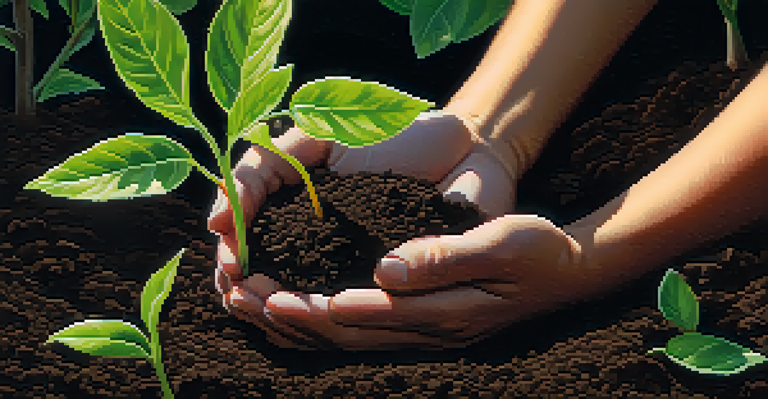 Close-up of hands holding a small sapling in dark soil, with a blurred lush forest in the background, symbolizing growth and sustainability.