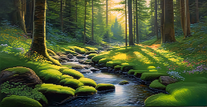 A tranquil forest with sunlight filtering through trees and a small stream surrounded by wildflowers.