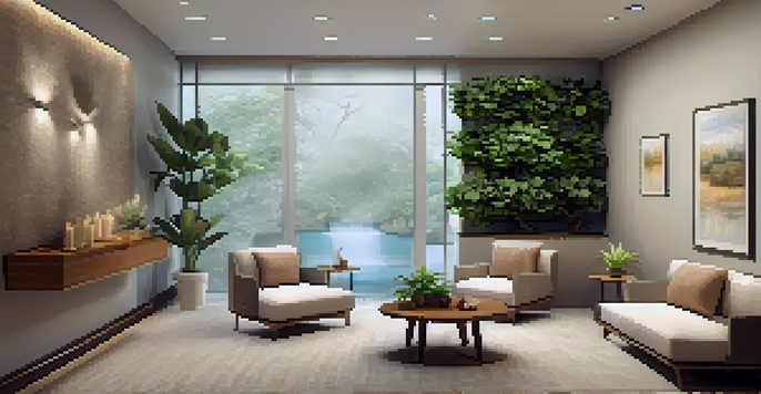 A cozy therapy room with plants, soft lighting, and calming artwork, creating a safe and inviting space for clients.