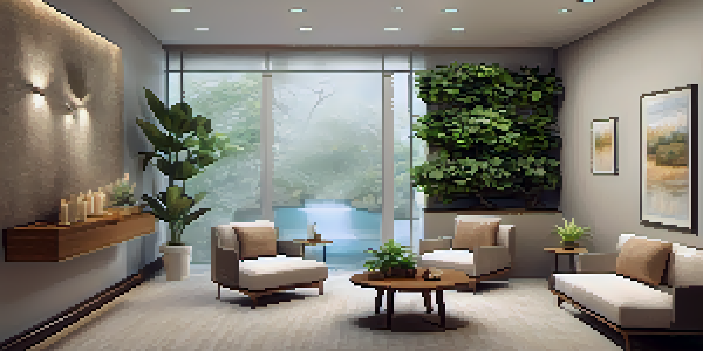 A cozy therapy room with plants, soft lighting, and calming artwork, creating a safe and inviting space for clients.
