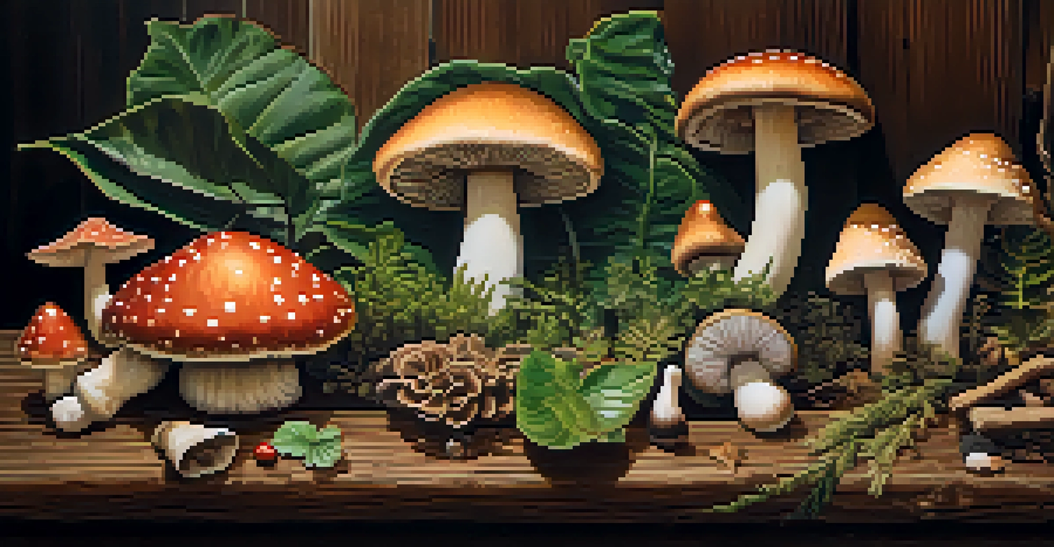 A colorful display of plants and mushrooms on a wooden table, highlighting their natural textures and beauty.