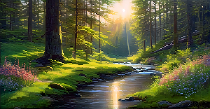 A peaceful forest with sunlight filtering through trees, vibrant moss, colorful wildflowers, and a gentle stream.