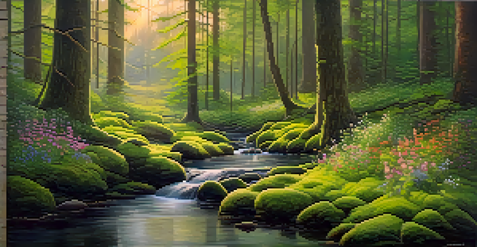 A peaceful forest at dawn with sunlight filtering through trees and a clear stream flowing.