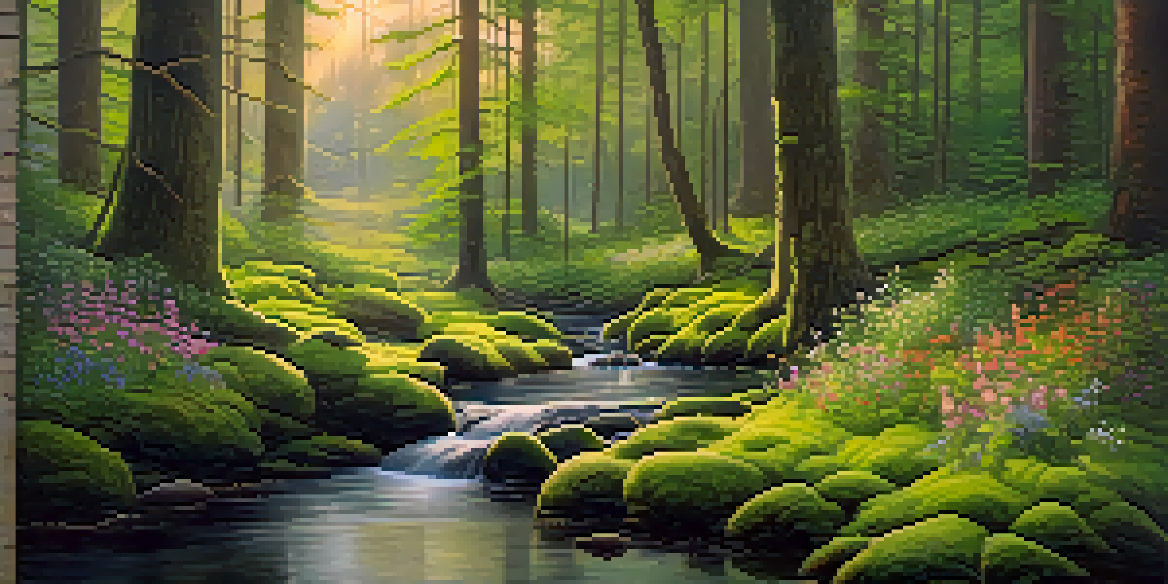 A peaceful forest at dawn with sunlight filtering through trees and a clear stream flowing.