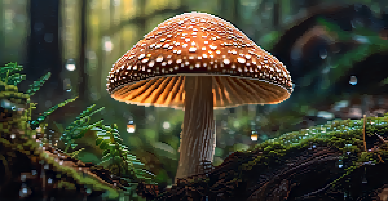 A close-up of a psilocybin mushroom in a forest, with dew droplets on its cap and soft sunlight filtering through the leaves.