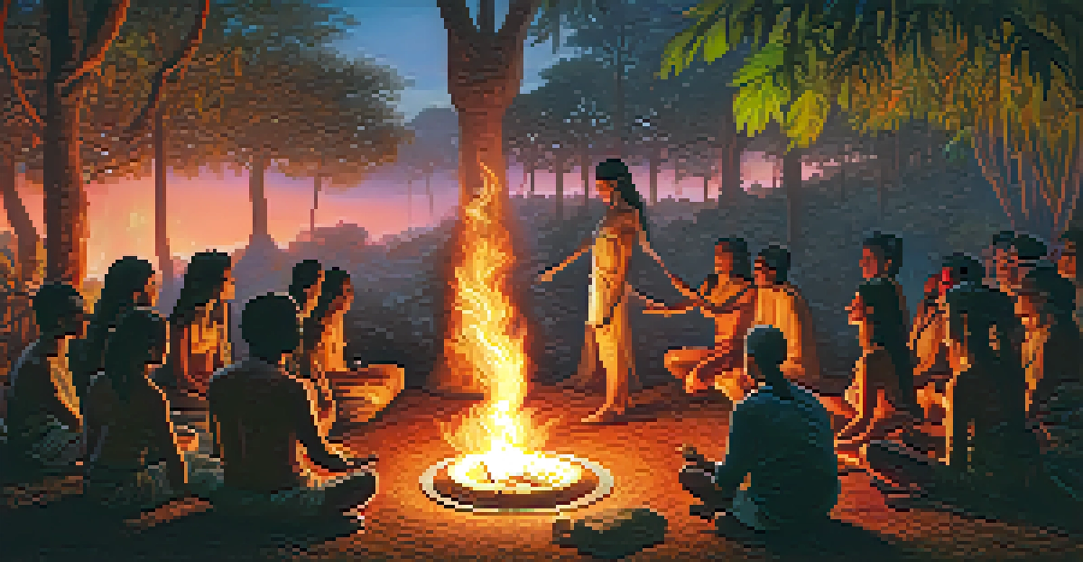 Participants sitting in a circle around a glowing fire during an Ayahuasca ceremony at dusk in the Amazon jungle.