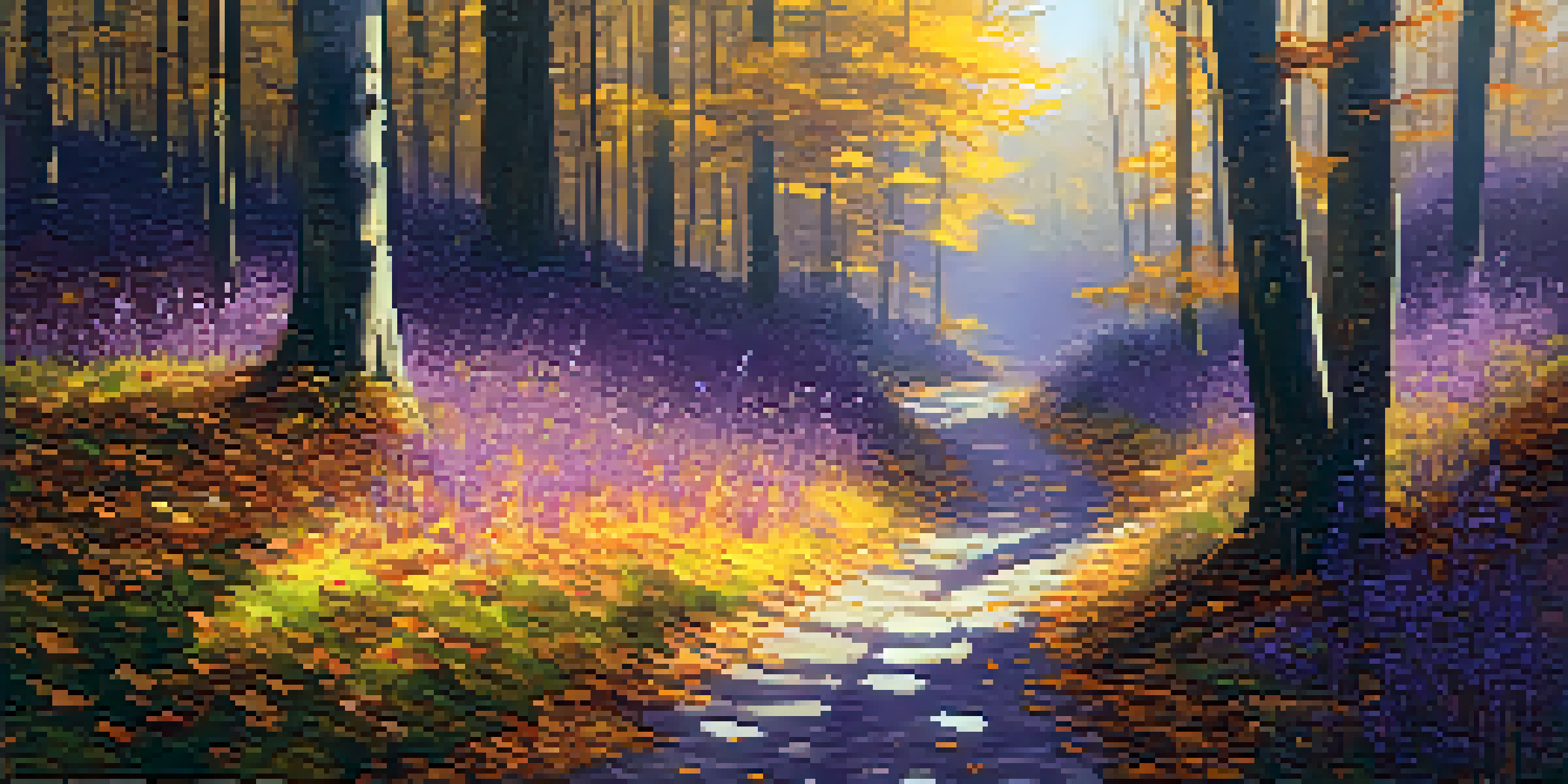 A peaceful forest with sunlight shining through the trees, highlighting a path covered in autumn leaves and colorful wildflowers.