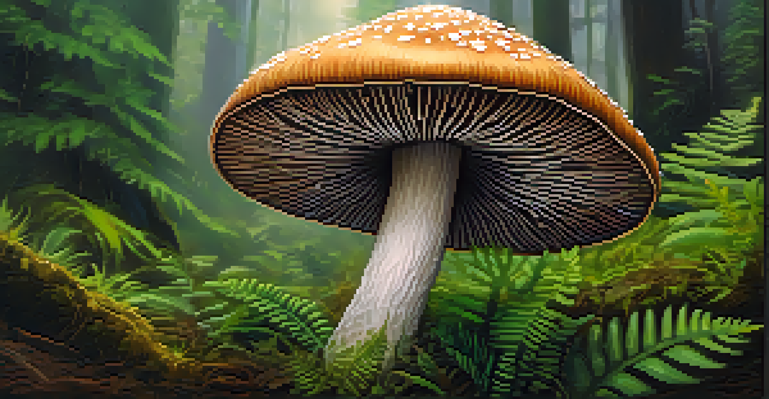 A close-up of a psilocybin mushroom surrounded by ferns and soil, with intricate textures and soft lighting.