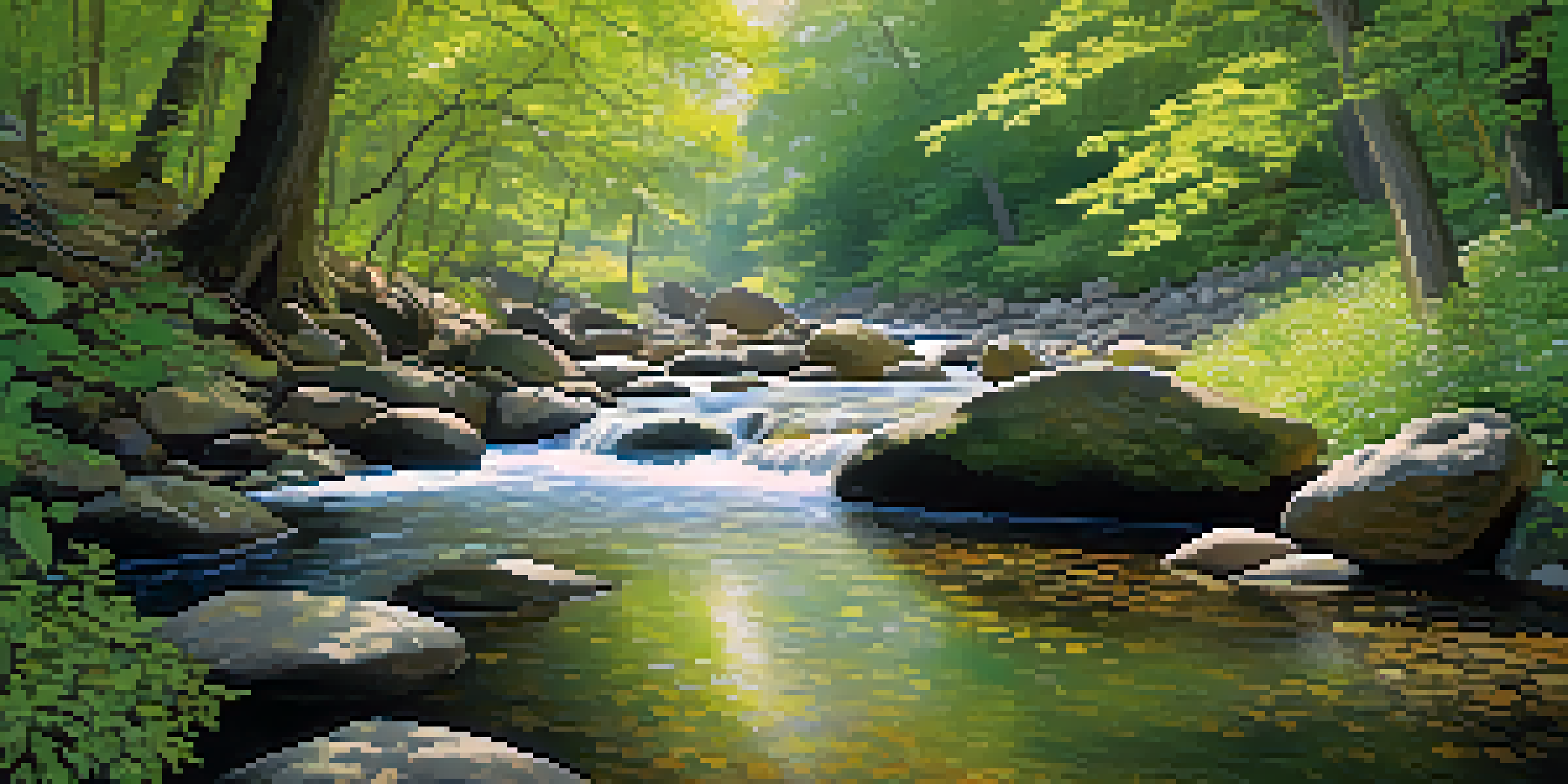A peaceful forest landscape with sunlight shining through trees, a flowing stream, and colorful wildflowers.
