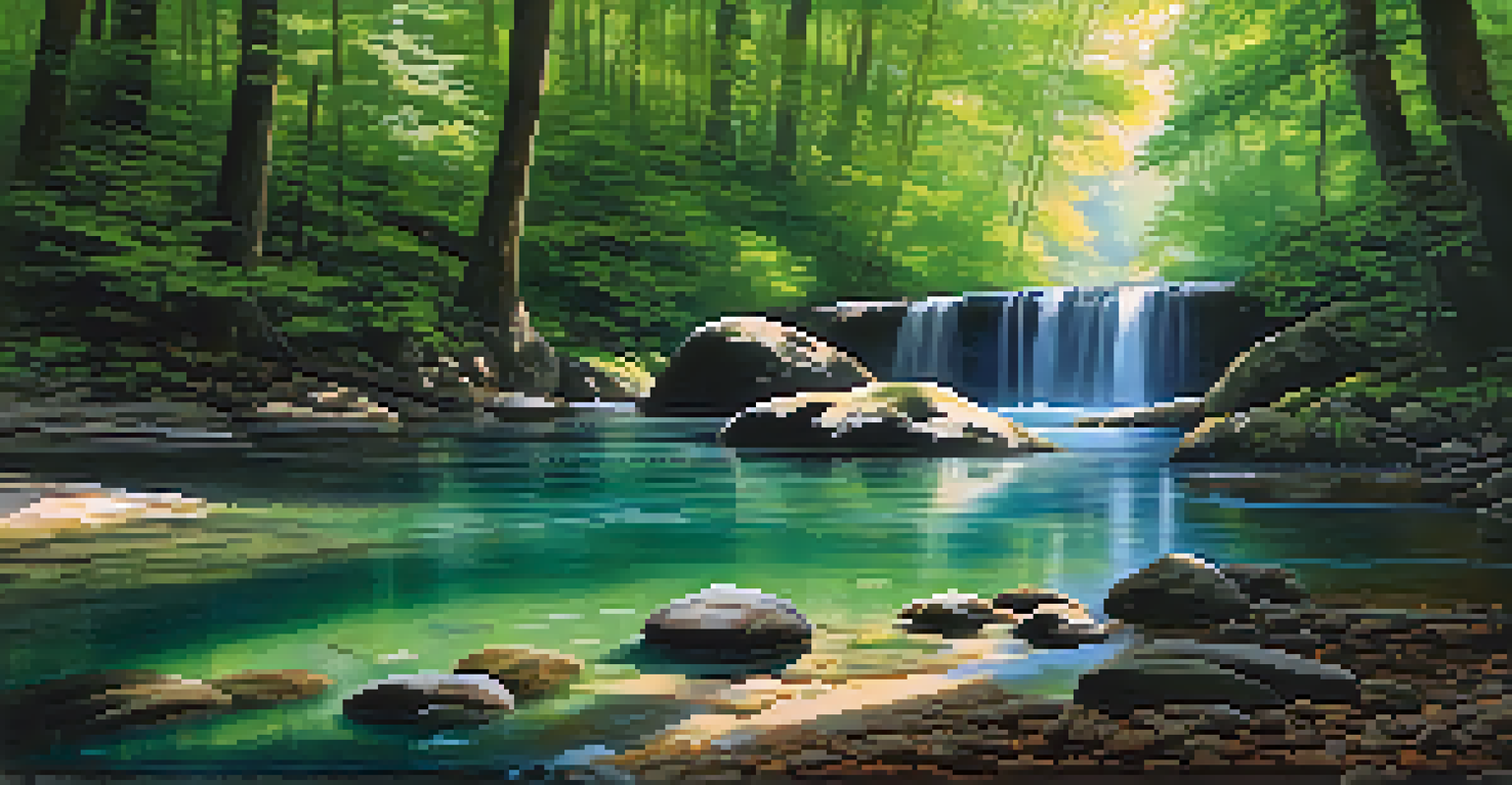 A tranquil hidden spring in a lush forest, with clear water flowing over stones and sunlight reflecting on the surface, surrounded by trees.