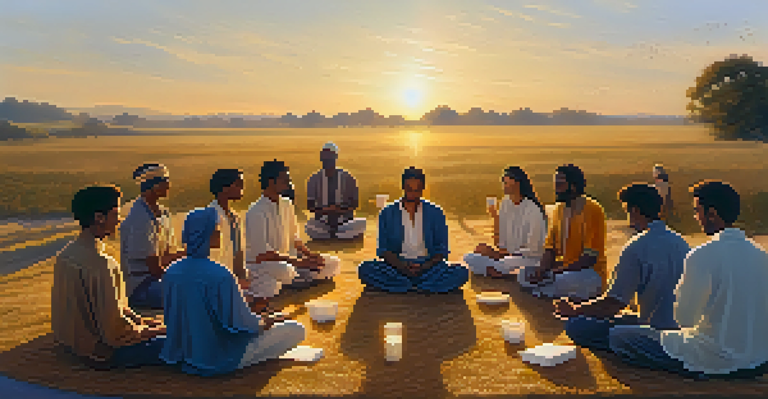 A group of people seated in a circle during sunset, sharing a spiritual experience, holding cups and looking contemplative.