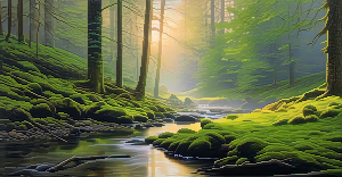 A peaceful forest at dawn with mist, tall trees, and a flowing stream reflecting the sunrise.
