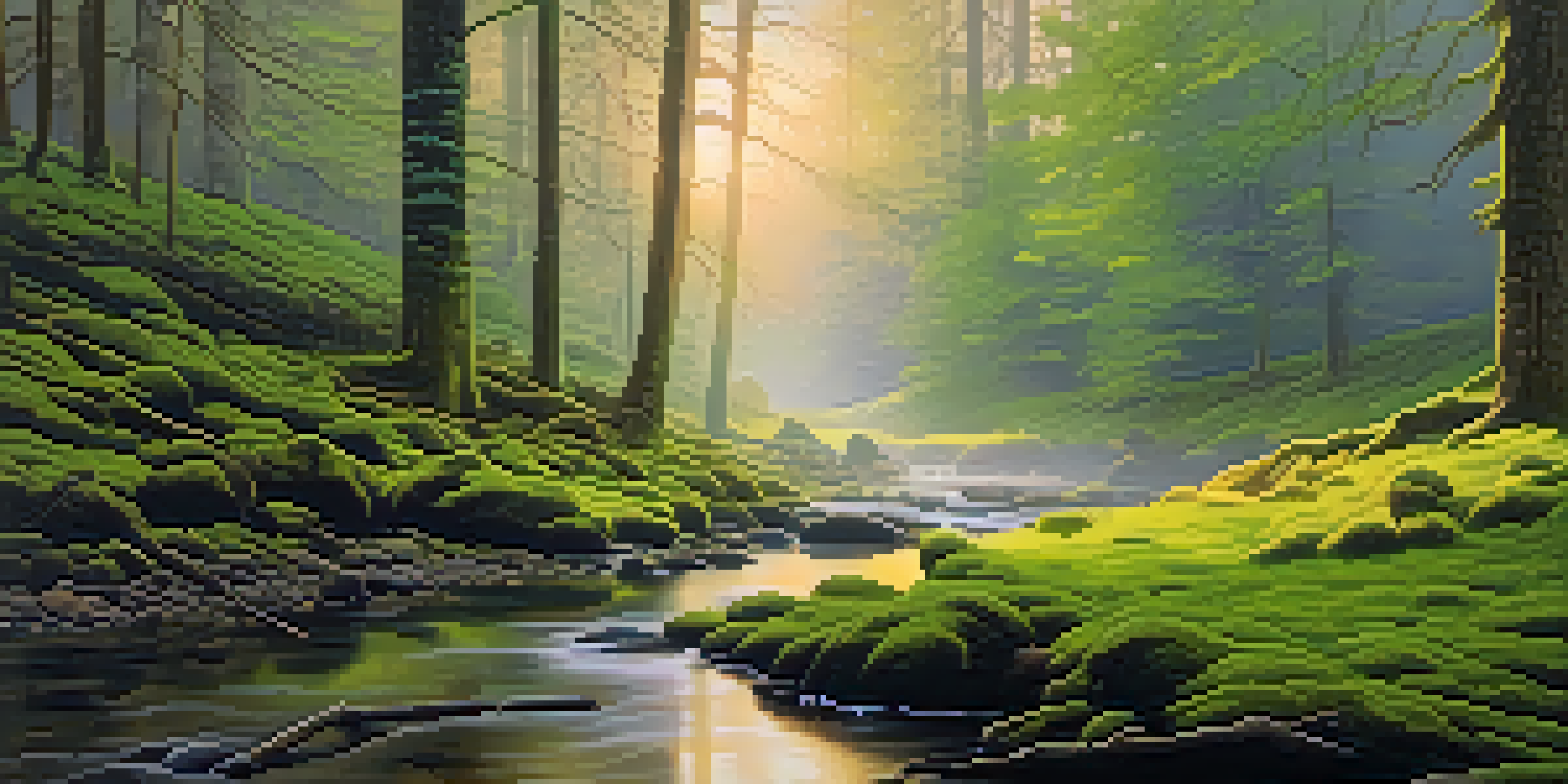 A peaceful forest at dawn with mist, tall trees, and a flowing stream reflecting the sunrise.